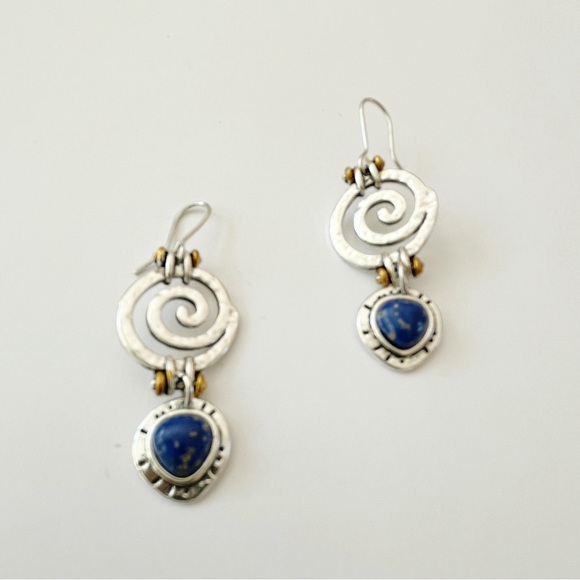Natural Blue Lapis Lazuli Boho Ethnic Antique Silver Dangling Earrings - NWT - Picture 7 of 12